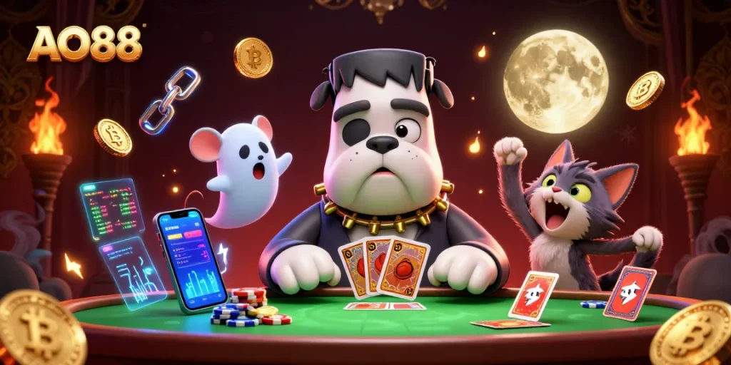 Engaging players at AO88, the bulldog dealer showcases thrilling card action amidst a vibrant casino atmosphere.