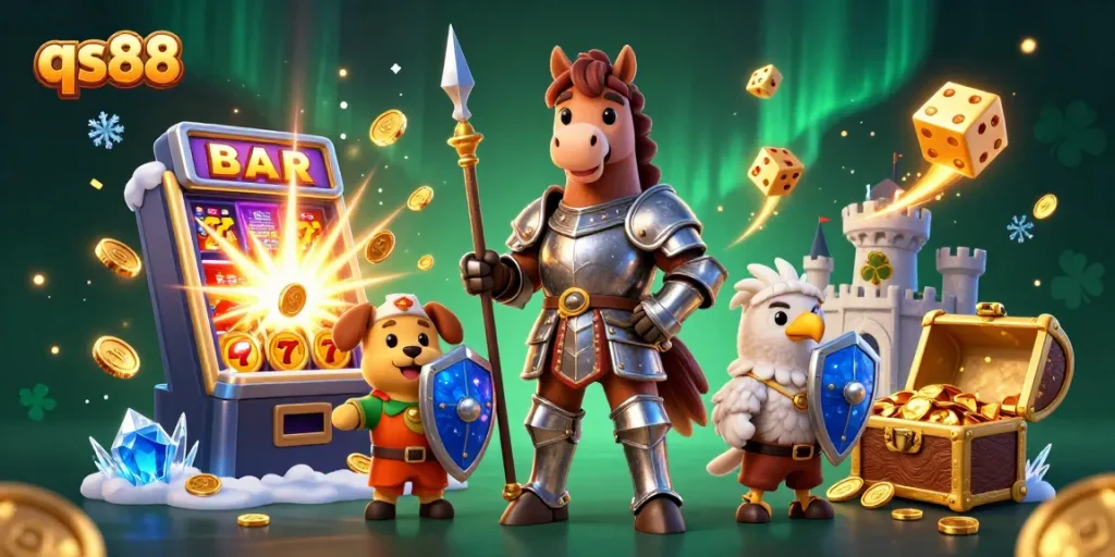 Engage in the thrilling qs88 casino experience with vibrant jackpots and game elements bursting around medieval characters.