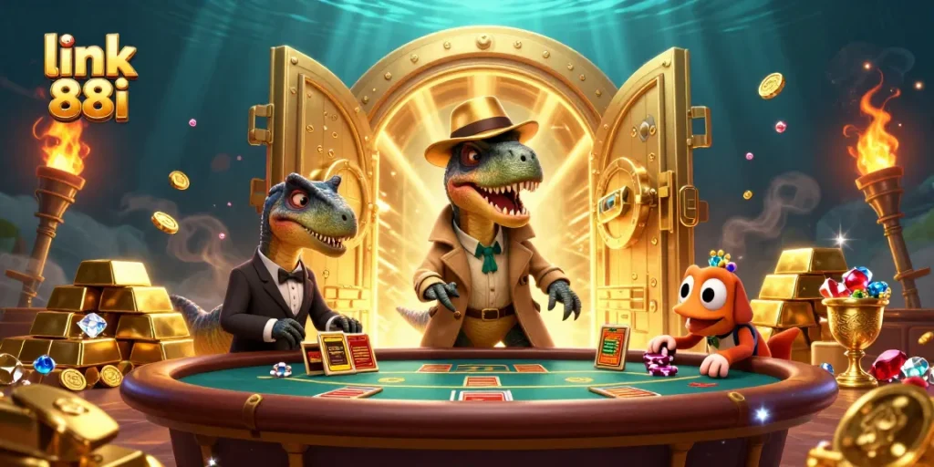 Experience thrilling gameplay with link 88i as the velociraptor sneaks chips at the blackjack table.