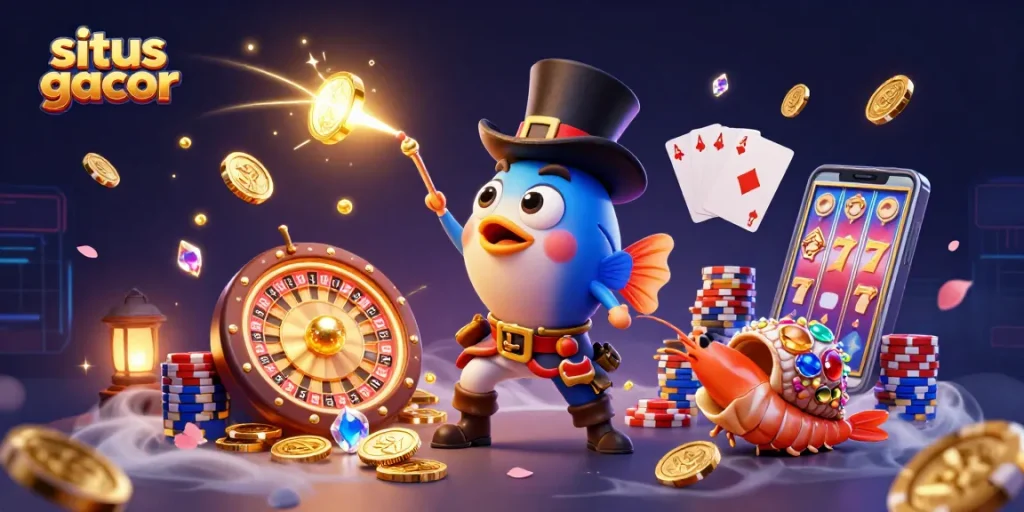 Experience exciting wins with situs gacor, featuring vibrant characters and casino elements in a captivating scene.