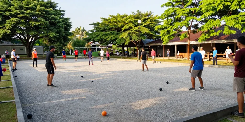 FOPI Kota Tarakan community enjoying petanque game at sunny outdoor court.