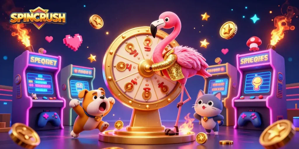 Experience excitement with SPINCRUSH as the flamingo host spins the prize wheel in a vibrant casino scene.