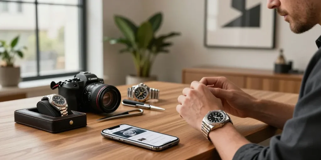 Examining rolex super clone watches in a stylish urban setting with luxury decor.