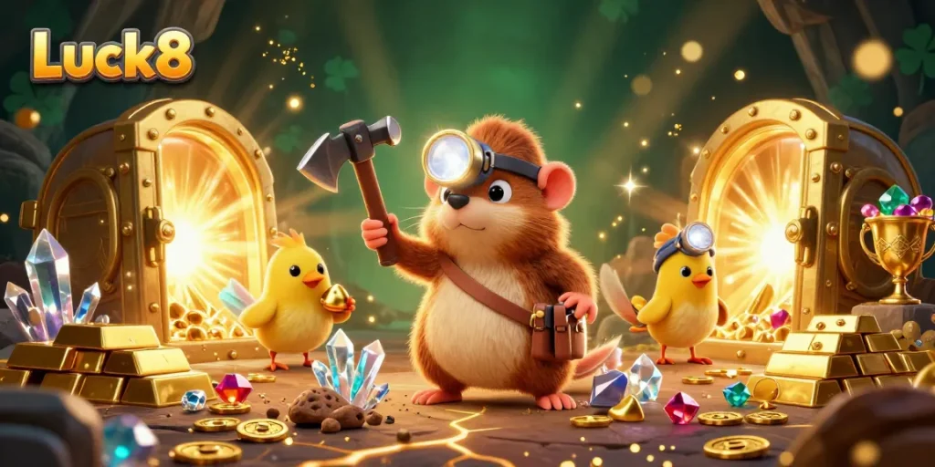 Engage in thrilling gameplay with Luck8, featuring a treasure hunter mole and stunning gold elements.