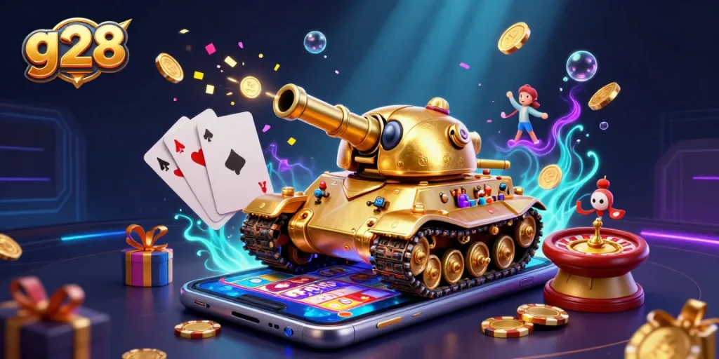 Experience thrilling wins with g28's vibrant illustrated casino scene showcasing a golden beetle tank.