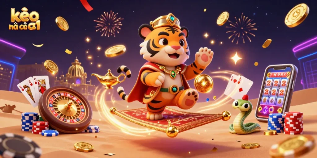 Experience thrilling kèo nhà cái 18 moments with vibrant characters and casino-themed elements in a dazzling illustration.