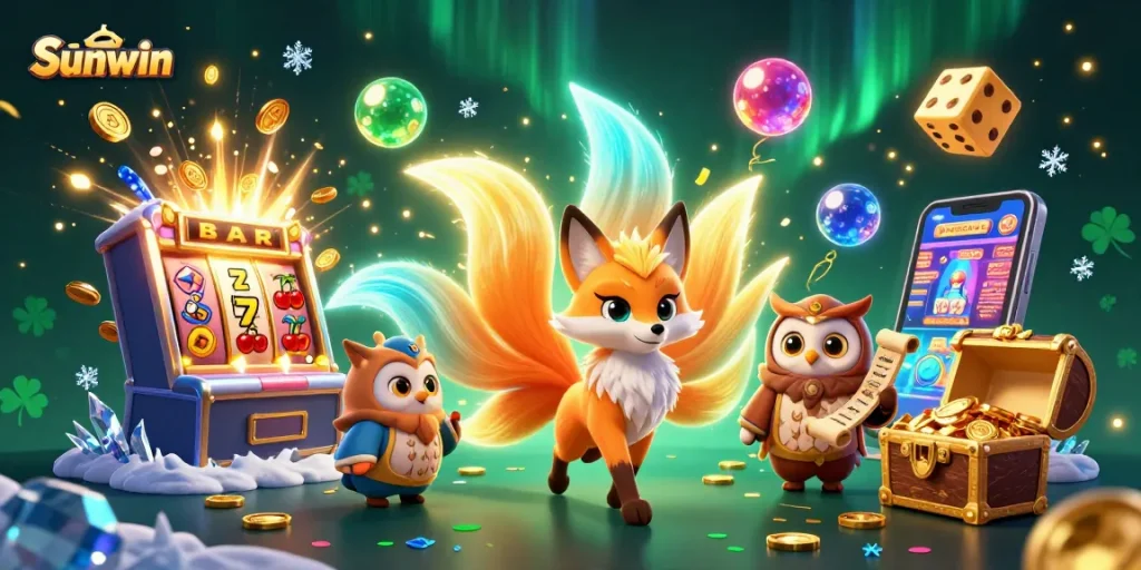 Spin and win at Sunwin with vibrant casino action featuring a lively nine-tailed fox and animated orbs.
