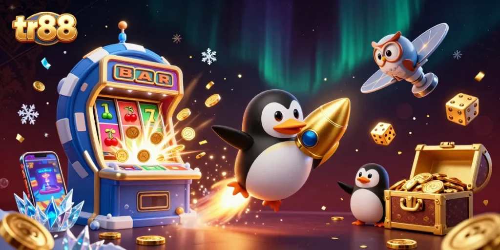 Experience thrilling casino fun with tr88, featuring a golden penguin and exploding slot machine.