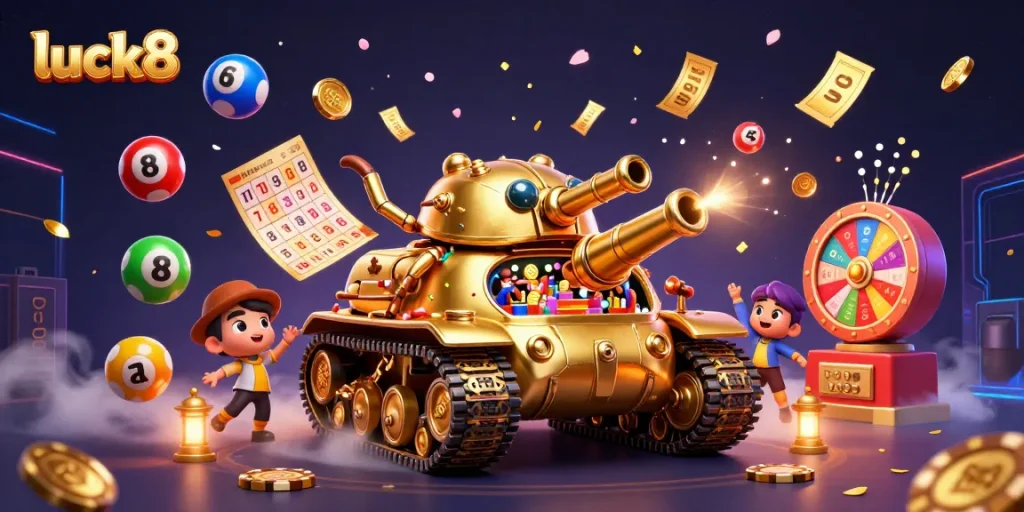 Engage with luck8's vibrant casino experience, showcasing a dynamic 3D cartoon illustration of slot reels and mini games.