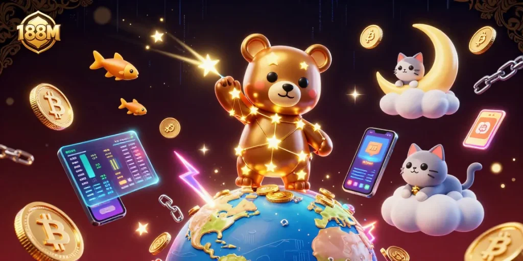 Experience exciting winning moments at 188M with a vibrant casino-themed illustration.