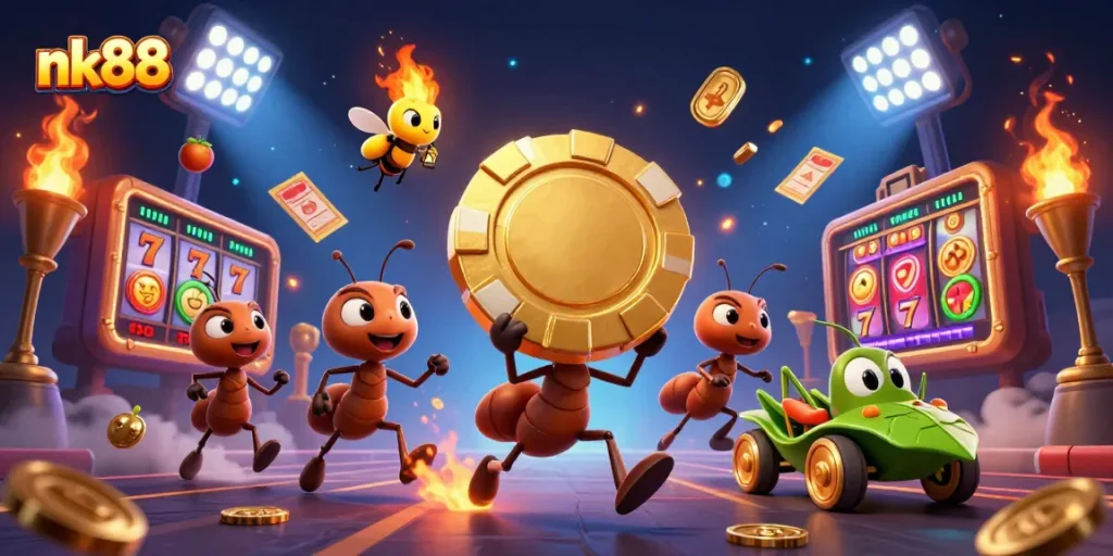 nk88 showcases a lively scene of ants carrying a golden poker chip in a vibrant casino setting.