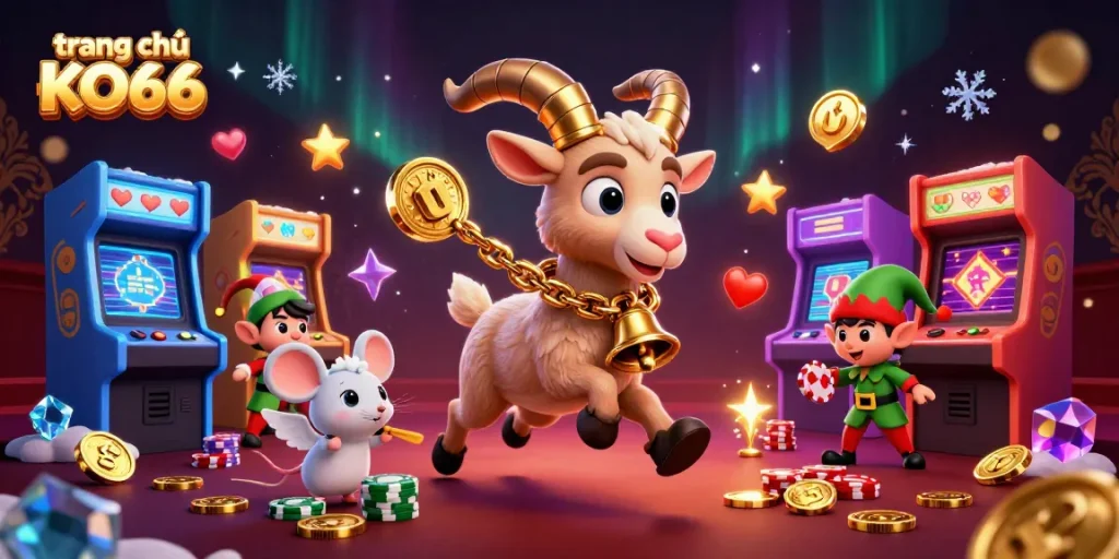 Win big at trang chủ KO66 with a festive holiday casino scene featuring playful characters and vibrant game elements.