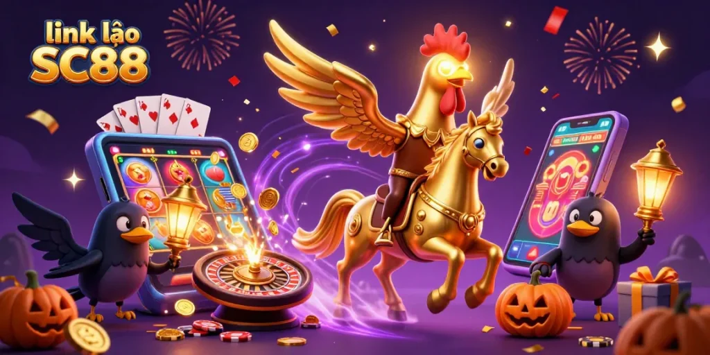 Play and win at SC88 with a golden rooster and friends in this fantastic casino illustration.