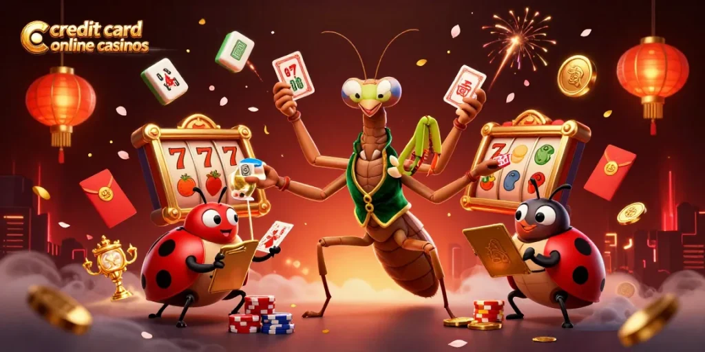 Experience winning strategies at credit card online casinos with vibrant 3D elements and engaging characters.