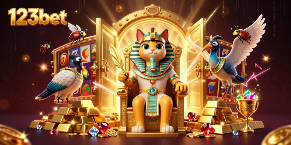 Engage with thrilling gameplay at 123bet, illustrated with an Egyptian pharaoh cat and slot reels.