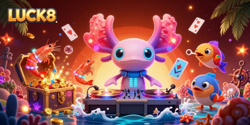 Experience LUCK8's vibrant underwater casino with a neon DJ, shrimp dancers, and gold-filled treasures.