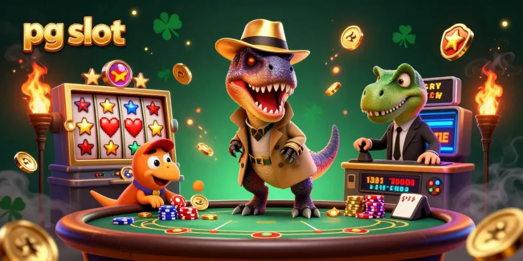 Experience thrilling pg slot gameplay with a velociraptor, stegosaurus pit boss, and dynamic casino elements.