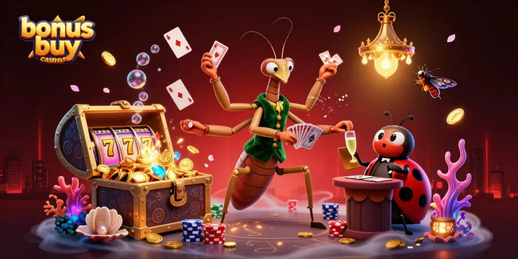 Engage with bonus buy casinos featuring vibrant slot reels and characters in a rich, colorful scene.