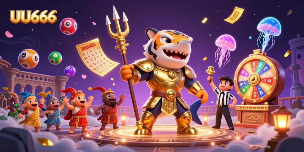 Experience thrilling action at UU666 with a cartoon shark and vibrant lottery elements in a casino setting.