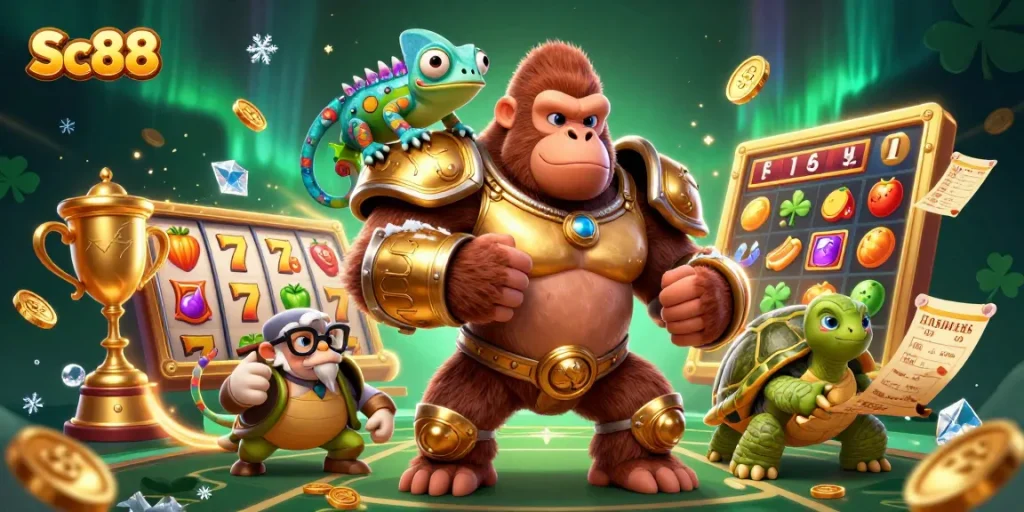 Experience Sc88's thrilling adventure with a powerful gorilla king and friends in a vibrant casino