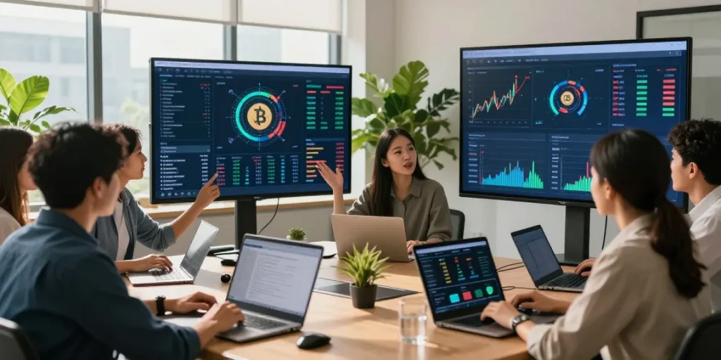 Investors discussing strategies to Buy BRICS coins in a modern office.