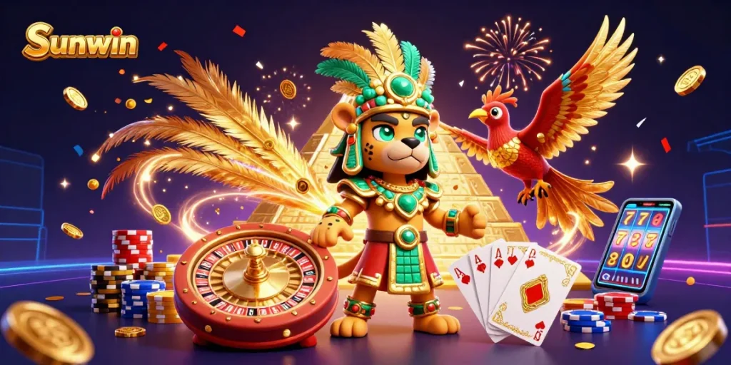 Sunwin offers an exciting casino experience with a vibrant 3D illustration featuring dazzling games and golden treasures.