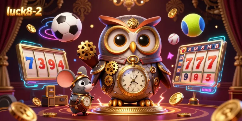 Engage with luck8-2's vibrant casino scene featuring a time-traveling owl and dynamic gaming elements.