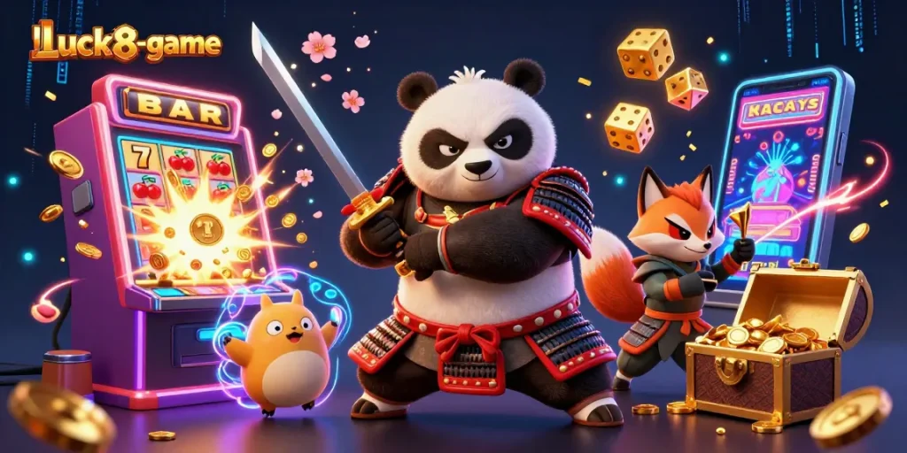 Engage in thrilling gaming with luck8-game, showcasing a dynamic 3D casino illustration featuring samurai panda and ninja fox.