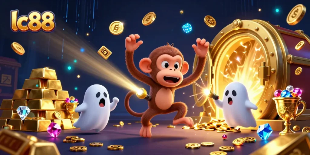 Experience the magic of lc88 with playful ghostly characters in a vibrant casino scene overflowing with treasures.