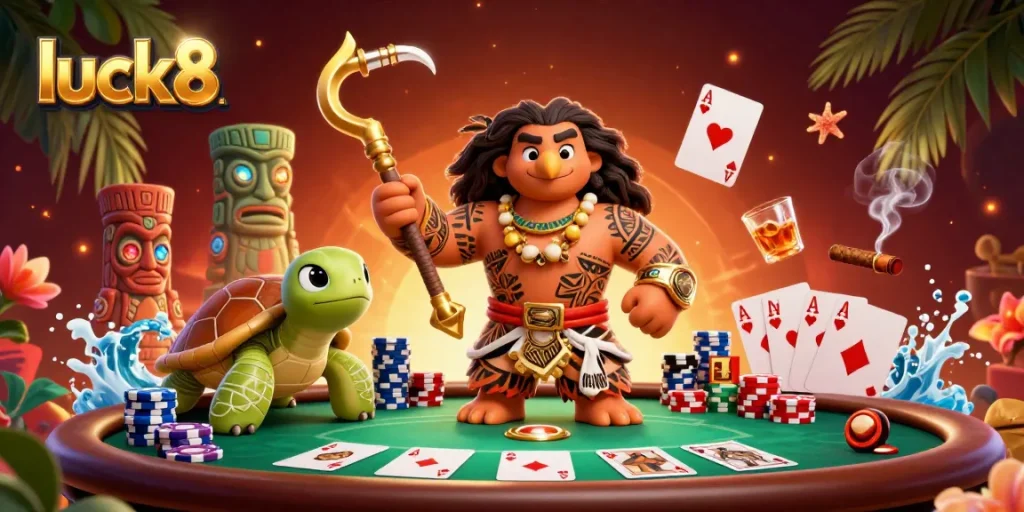 Experience immersive gambling action with luck8, featuring colorful poker chips and vibrant casino characters.