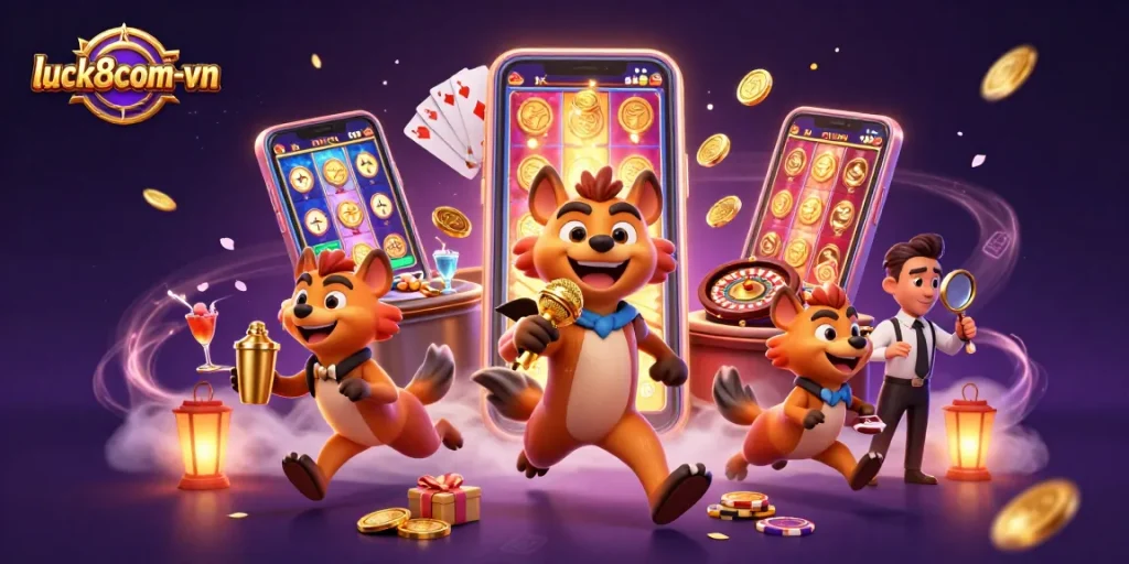 Experience the vibrant action at luck8com-vn's cartoon casino with hyenas serving drinks and entertainment.