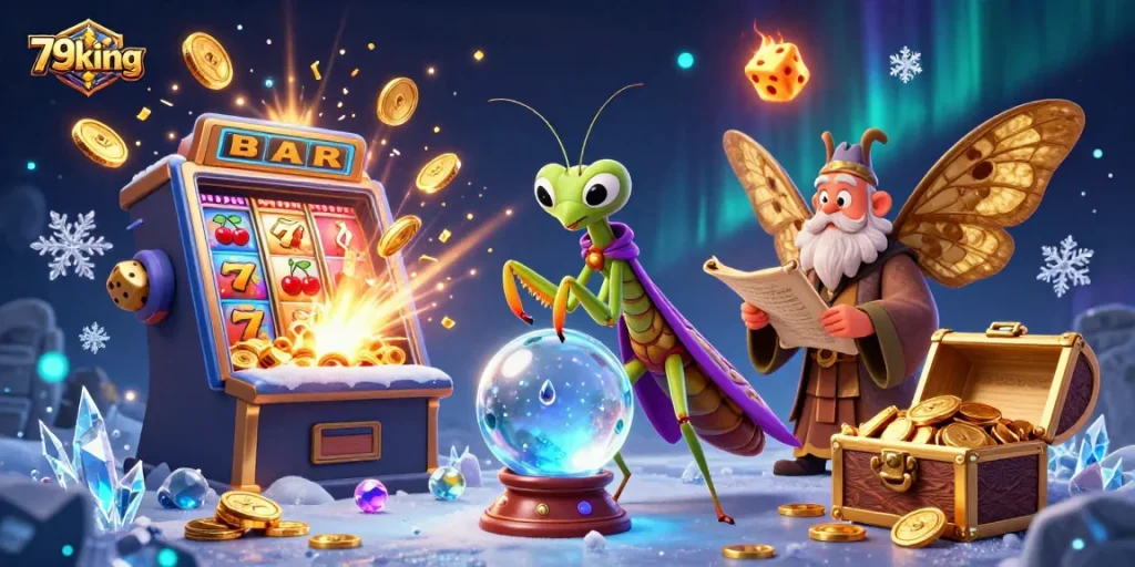 Engaging 79king casino image featuring a fortune teller and a librarian amidst a jackpot explosion.