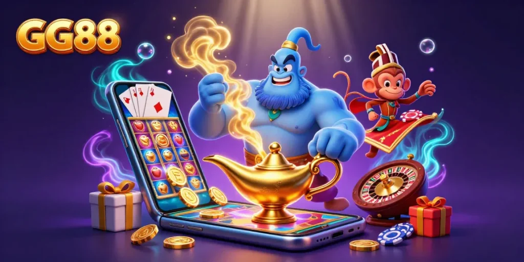 Experience thrilling GG88 casino action with a genie, monkey, and vibrant gaming elements.