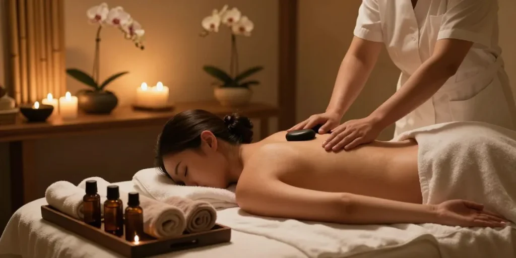 Relaxing spa treatment at alo8, showcasing a soothing massage therapy session in a luxurious ambiance.