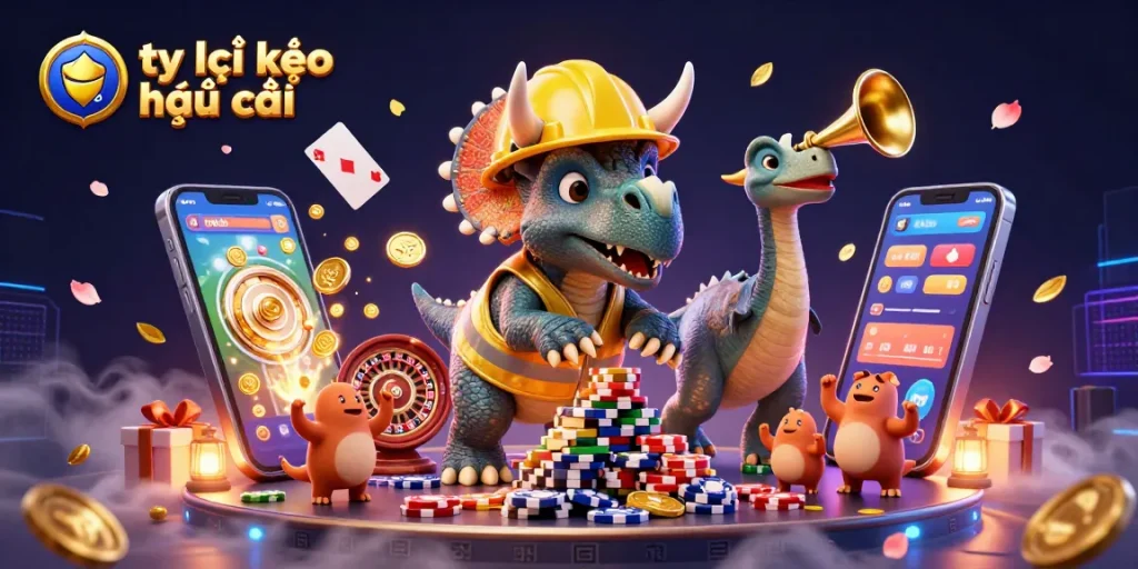 Engaging illustration of tỷ lệ kèo nhà cái featuring a celebratory triceratops constructing poker chip pyramid.