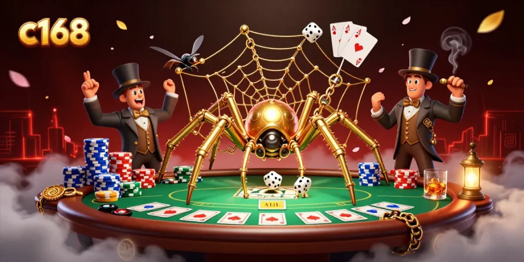 Experience thrilling gameplay at c168 as a golden spider catches dice, surrounded by colorful poker elements.