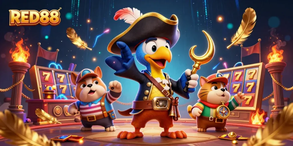 Engage with RED88 through an exciting 3D gaming adventure featuring vibrant slot action and charismatic characters.
