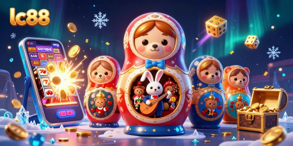 Experience the excitement of lc88 with vibrant slot machines and festive bears in a dynamic casino scene.