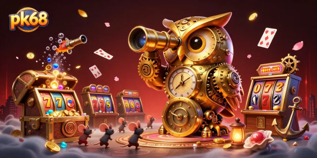 Experience thrilling gaming with pk68, featuring a clockwork owl and charming mouse amidst a vibrant casino scene.