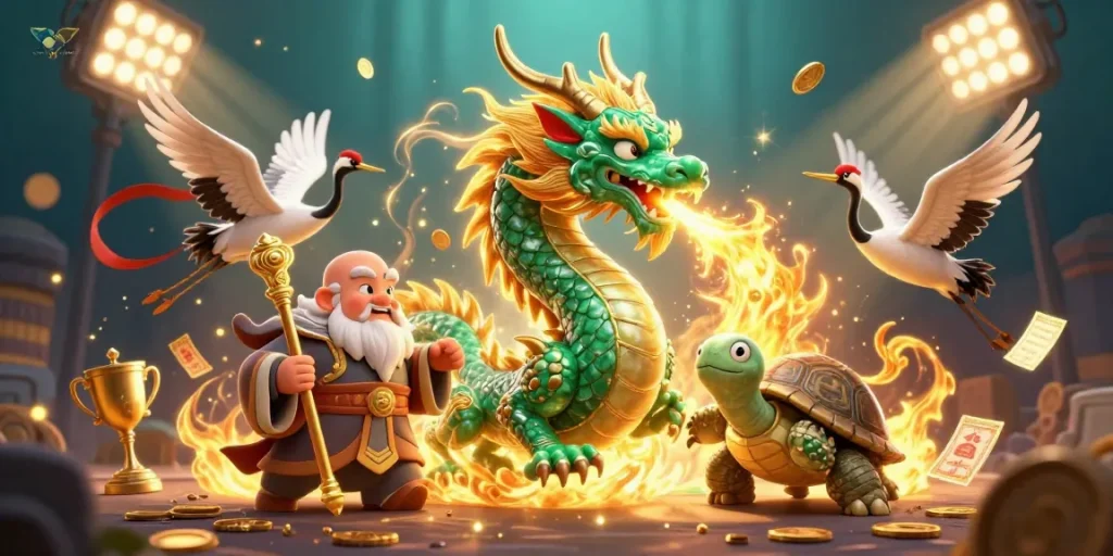 Engage in thrilling action at vipga6789 with a dragon, turtle sage, and flying cranes amidst vibrant cockfighting elements.