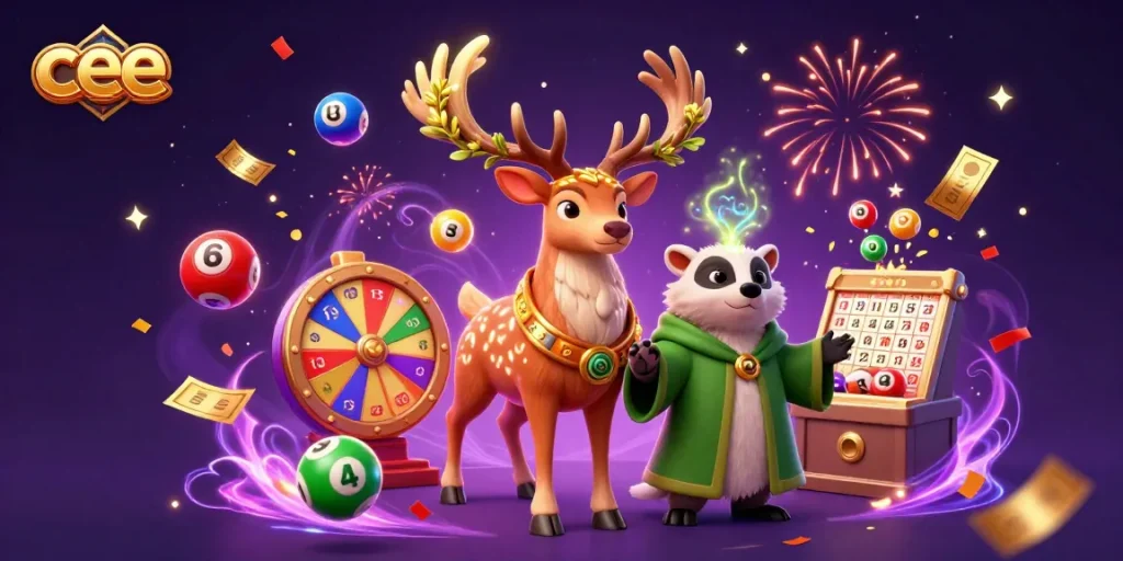 Engage with cee's vibrant casino scene featuring a Celtic druid stag, badger, and lottery elements.