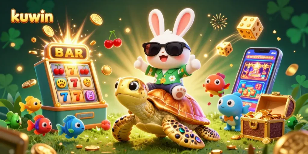 Kuwin casino action with a lucky rabbit and golden turtle amid dynamic slot jackpot explosions and colorful game elements.