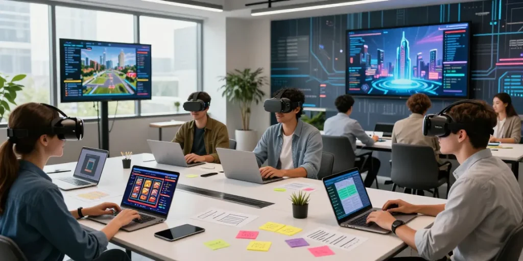 Investors exploring digital investment opportunities through rokok88 slot technology in a modern workspace.
