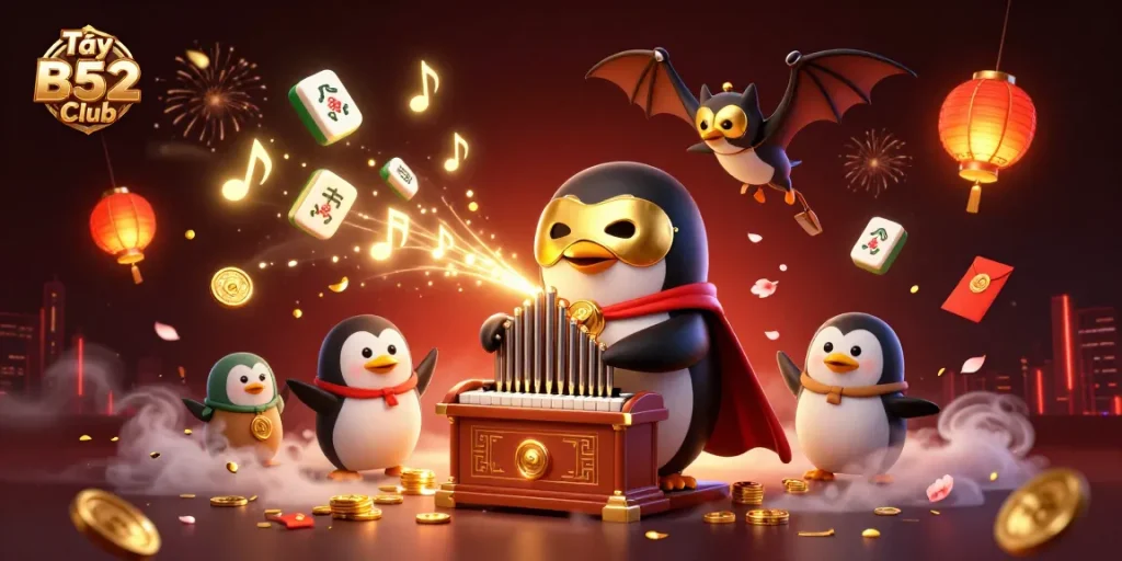 Play and win with Tải B52 Club featuring a dynamic scene of animated characters in a vibrant online casino atmosphere.