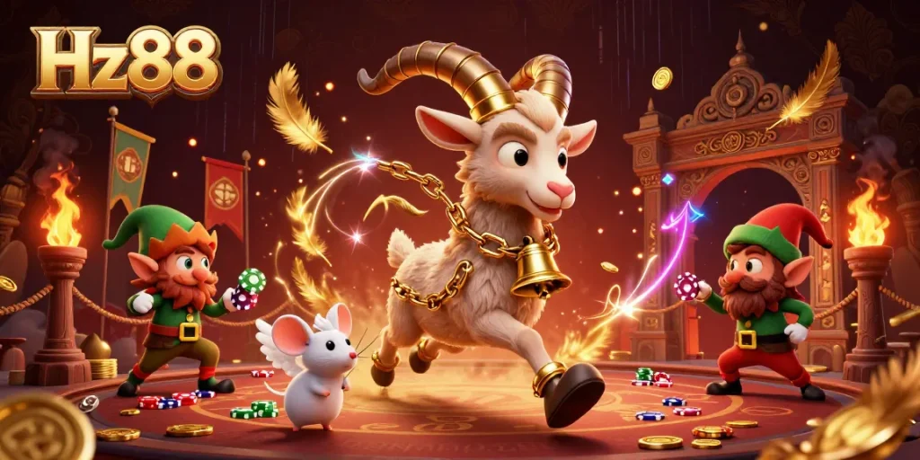 Experience thrilling gameplay at Hz88 with a 3D casino illustration showcasing festive graphics and energetic characters.