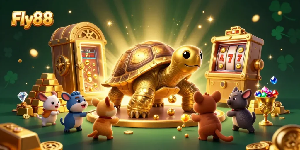 Fly88 creates excitement in this colorful online casino scene with a golden tortoise and vibrant slot game elements.