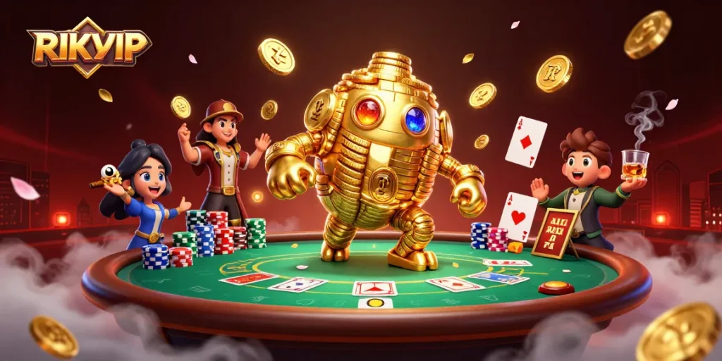 Experience the thrilling energy of RIKVIP casino with a dynamic 3D illustration featuring a golden golem, poker chips, and vibrant casino elements.