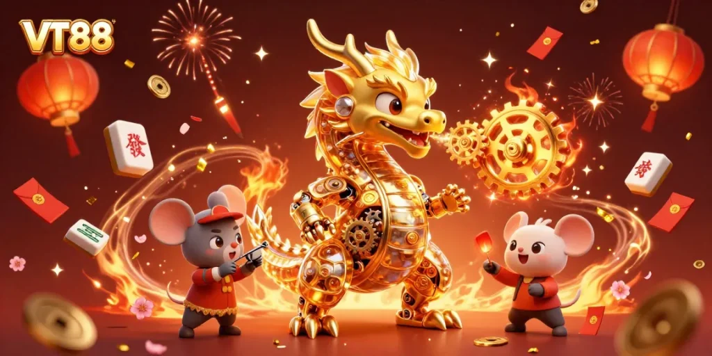 VT88 showcases an engaging celebration with golden gears, tiles, and festive decorations in a vibrant casino scene.