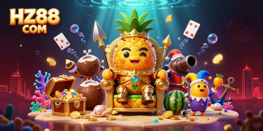 Join the fun at HZ88 COM with a vibrant beach casino featuring a golden pineapple king and festive elements.