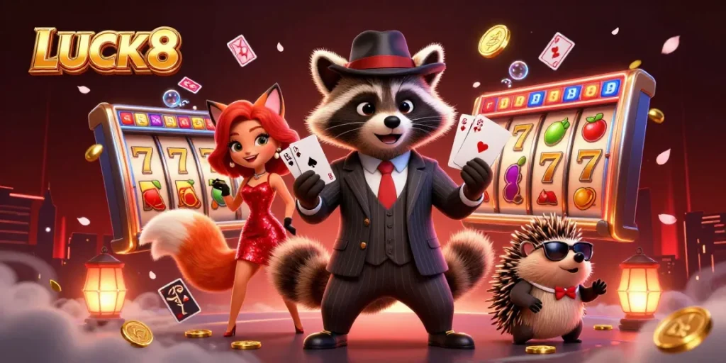 LUCK8 showcases a raccoon in a suit and a fox in a dress among vibrant casino elements, maximizing excitement.